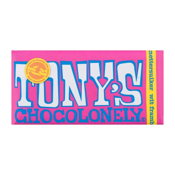 Tonys Chocolonely Weiße Schokolade Himbeer Knusperzucker 180g ( MHD 19.06.2024 )