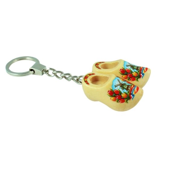 Schlüsselanhänger Clogs - 2 Holzschuhe - Design: Natur mit Tulpen